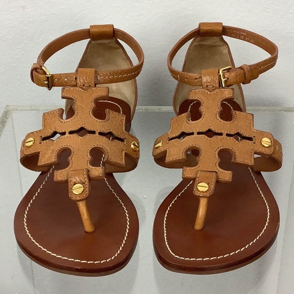 Tori Burch Leather Phoebe Flat Sandals Royal Tan Size 6M Excellent Condition